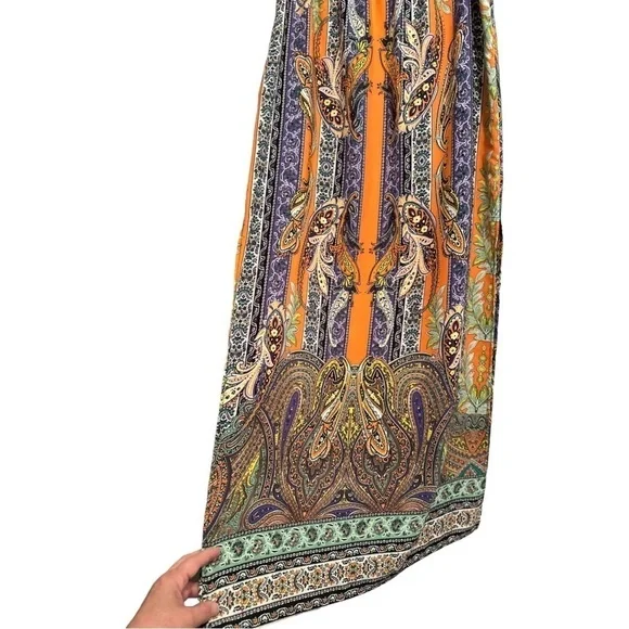 Tyche Maxi Skirt. Floral Paisley Stripes Slits on Sides, Orange, Purple. Large. - Picture 11 of 16